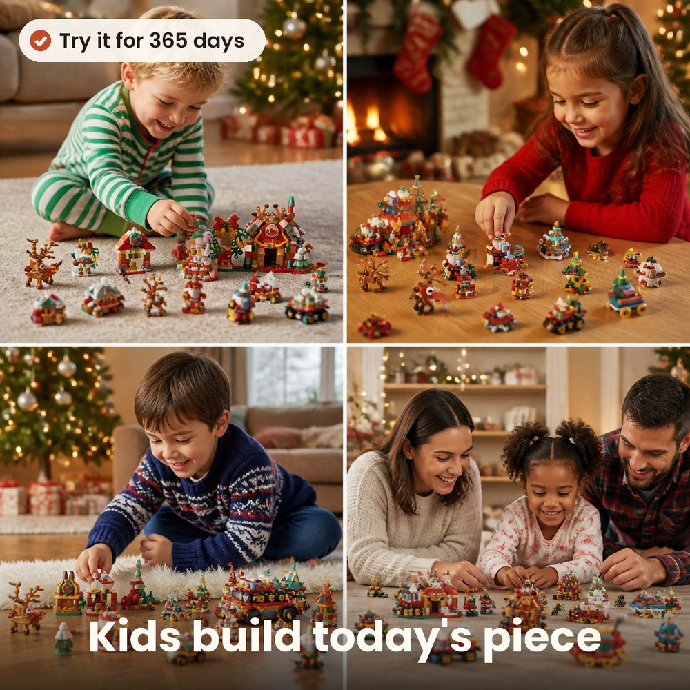 Houses, reindeer and Santas
