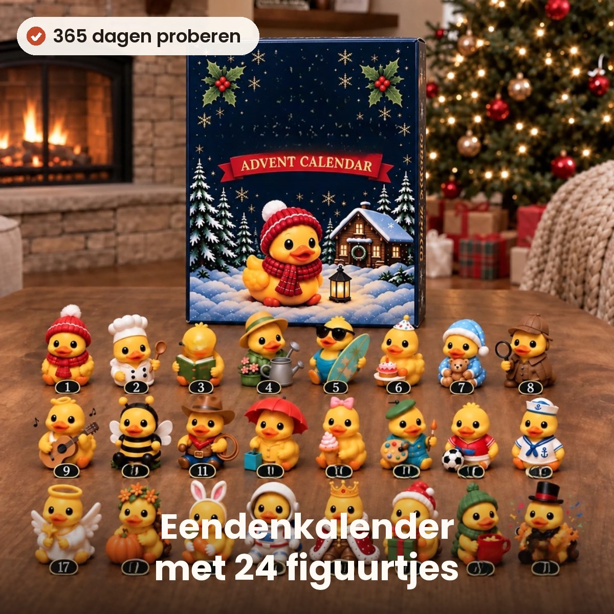 Adventskalender met 24 eendenfiguurtjes