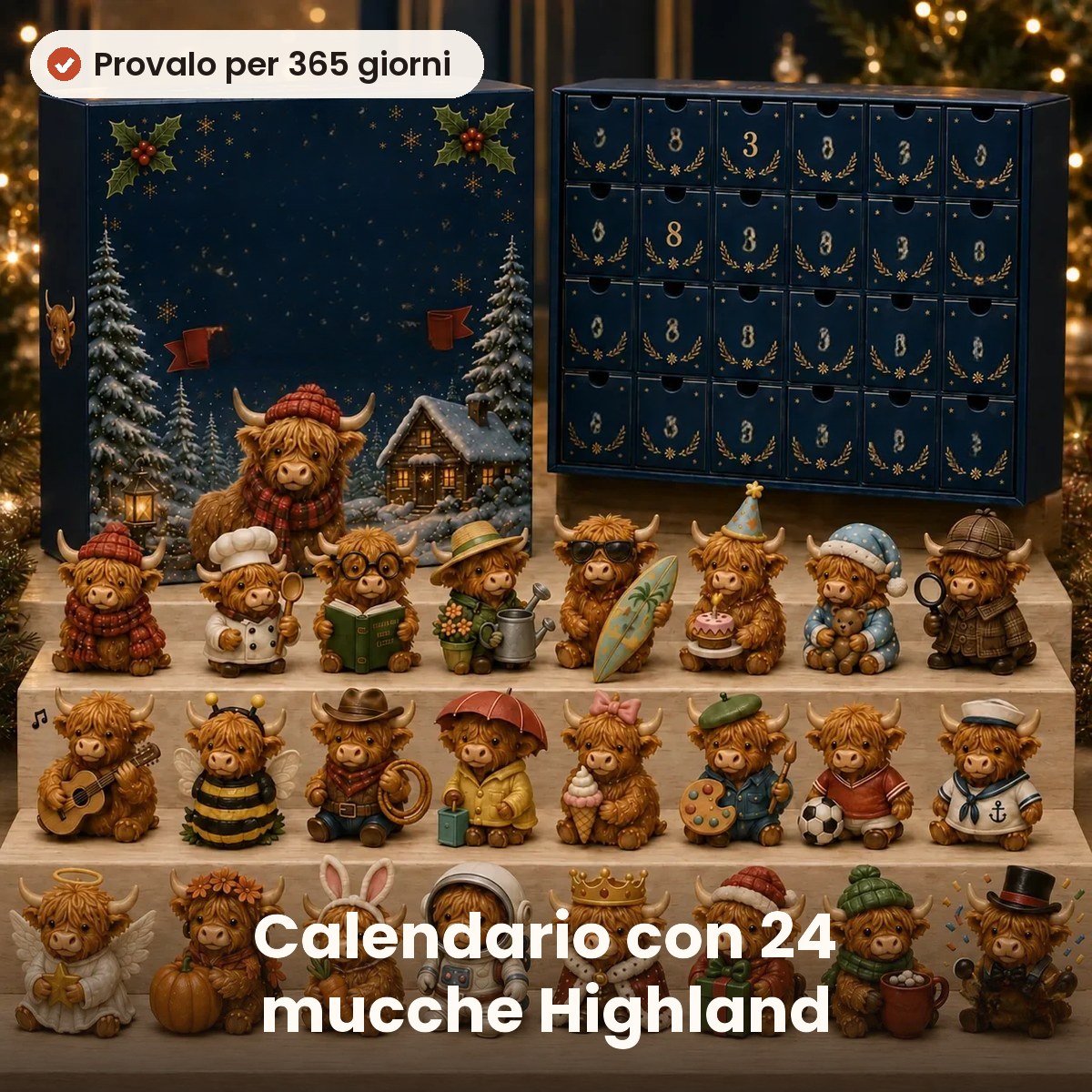 Calendario dell'Avvento con 24 mucche Highland