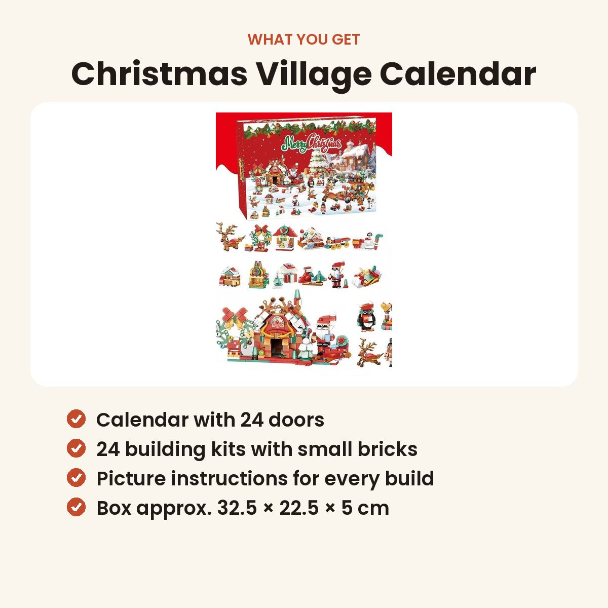 Festive miniature brick-built Christmas houses, characters and decorations