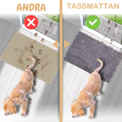 Jämförelse: tassavtryck genom hallen mot torrt golv